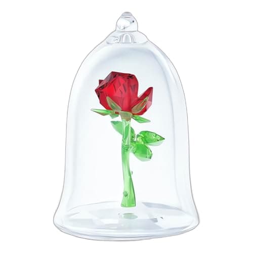 Swarovski Beauty and The Beast Enchanted Rose Red and Green Crystal Pendant, Clear Base Mouth-Blown Glass Bell Jar, Fair