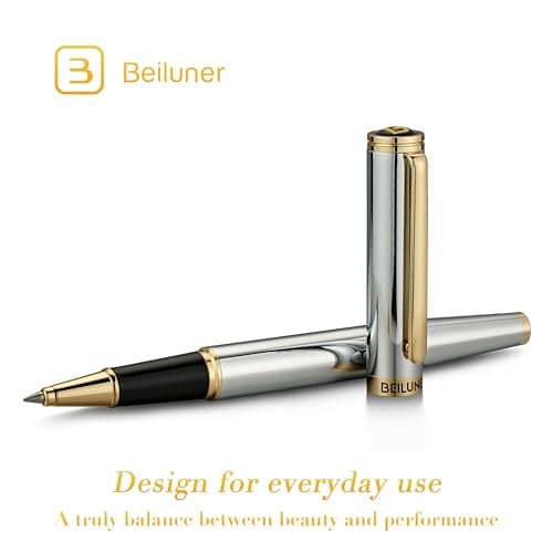 BEILUNER Luxury Rollerball Pen, Stunning Silver Chrome with 24K Gold Finish, Professional Gift Pen for Men & Women
| BE