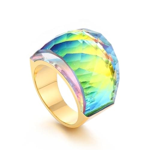 OIDIMS Crystal Glass Stainless Steel Band Ring Gold Plated Large Statement Cubic Zirconia Rings for Women's Birthday Coc