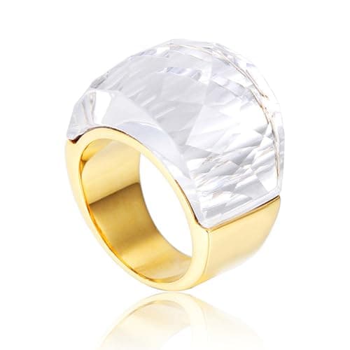 OIDIMS Crystal Glass Stainless Steel Band Ring Gold Plated Large Statement Cubic Zirconia Rings for Women's Birthday Coc