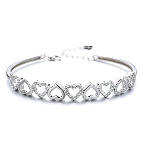 Amy & Annette 14K Gold Plated Hearts Bangle Adjustable Bracelet with Swarovski Crystals for Women
| Amy & Annette 14K G