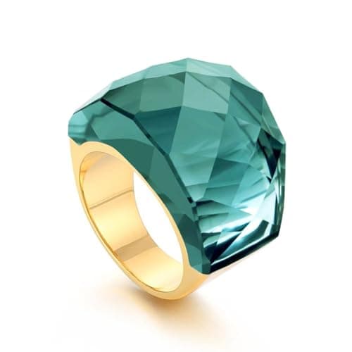 OIDIMS Crystal Glass Stainless Steel Band Ring Gold Plated Large Statement Cubic Zirconia Rings for Women's Birthday Coc