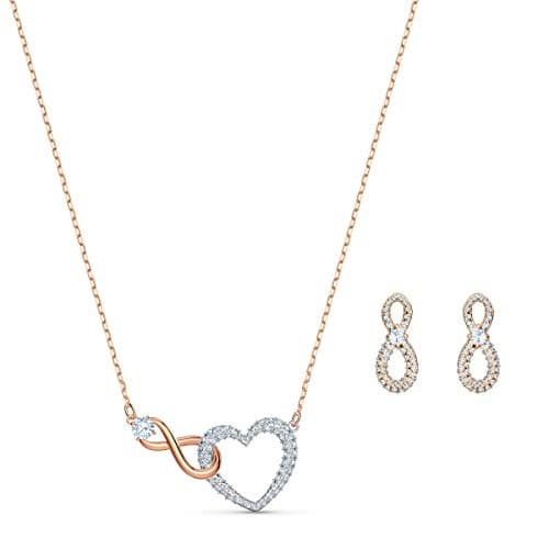 Swarovski Infinity Necklace and Stud Pierced Earrings Set for Women with Clear Crystal Pavé and Mixed Metal Plated Fini