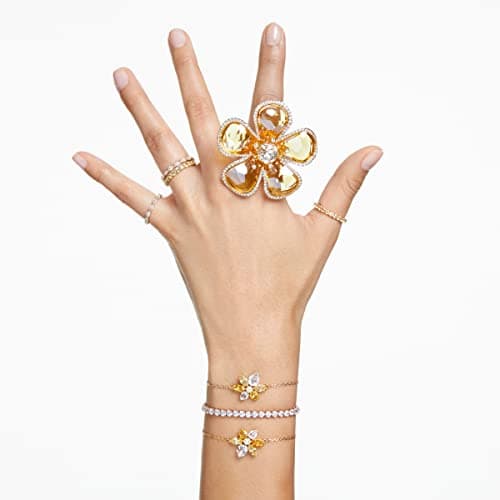 Swarovski Florere Cocktail Ring: Yellow Flower Motif, Gold-Tone Finished Double Band for Women Evening Wear Features and