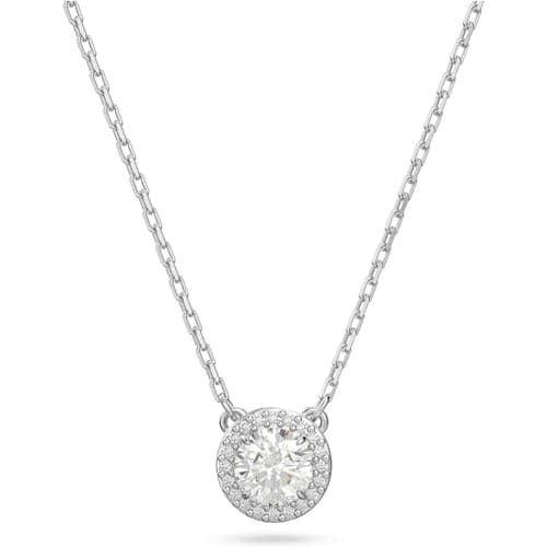 Swarovski Angelic Pendant: Circular Clear Crystal, Rhodium Plated Chain, Elegant Evening Jewelry