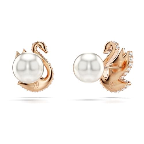 Swarovski Swan Stud Earrings for Women in Rose Gold, Black Pavé Crystals, Pearl Closure, Part of the Swarovski Collectio