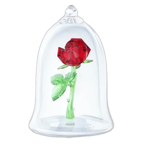 Swarovski Beauty and The Beast Enchanted Rose Red and Green Crystal Pendant, Clear Base Mouth-Blown Glass Bell Jar, Fair