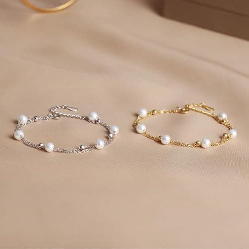 AMINKINA 14K Gold Pearl Bracelet, Double Layer Freshwater Pearl Bracelet, Mother's Day Gift for Mother and Wife, Elegant