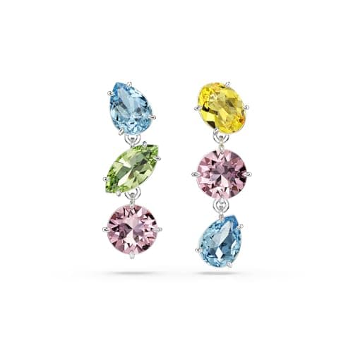 Swarovski Gema Drop Earrings: Asymmetrical Design, Mixed Cuts, Multicolored Rhodium Finished Earrings for Women, Night O