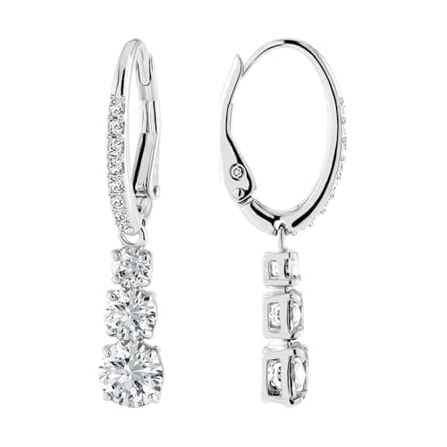 Swarovski Stilla Attract Trilogy Drop Pierced Earrings: White Crystals, Rhodium Plated Setting, Hinged Closure for Women