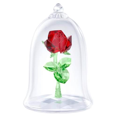 Swarovski Beauty and The Beast Enchanted Rose Red and Green Crystal Pendant, Clear Base Mouth-Blown Glass Bell Jar, Fair