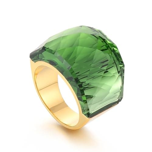 OIDIMS Crystal Glass Stainless Steel Band Ring Gold Plated Large Statement Cubic Zirconia Rings for Women's Birthday Coc