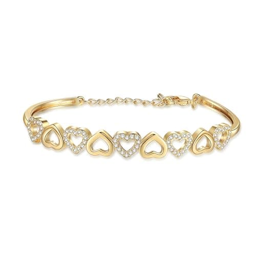 Amy & Annette 14K Gold Plated Hearts Bangle Adjustable Bracelet with Swarovski Crystals for Women
| Amy & Annette 14K G