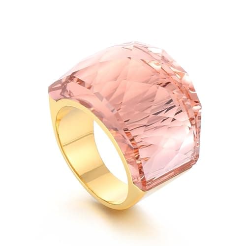OIDIMS Crystal Glass Stainless Steel Band Ring Gold Plated Large Statement Cubic Zirconia Rings for Women's Birthday Coc