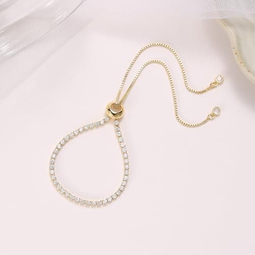 Solandе 14K Gold Plated Tennis Bracelet with Cubic Zirconiastones Adjustable Slider for Women Trendy Jewelry Sets