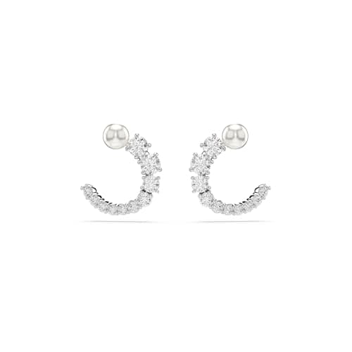 Swarovski Matrix Hoop Earrings: Crystal Pearl, Round Cut, Clear, Rhodium Finished for Fashionistas, Night Out, Elegant A