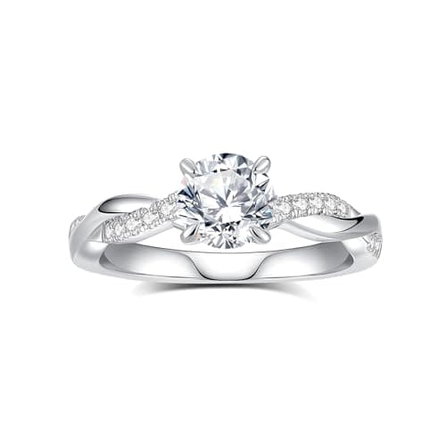 AmoreNel Moissanite Engagement Rings for Women Round Cut S925 Sterling Silver Plated 18K White Gold D Color VVS1 Promise
