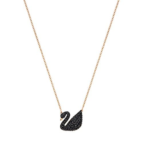 Swarovski Iconic Swan Necklace and Earrings Collection - Rose Gold Tone, Black Crystals, Elegant Jewelry for Special Occ