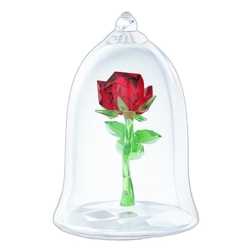 Swarovski Beauty and The Beast Enchanted Rose Red and Green Crystal Pendant, Clear Base Mouth-Blown Glass Bell Jar, Fair