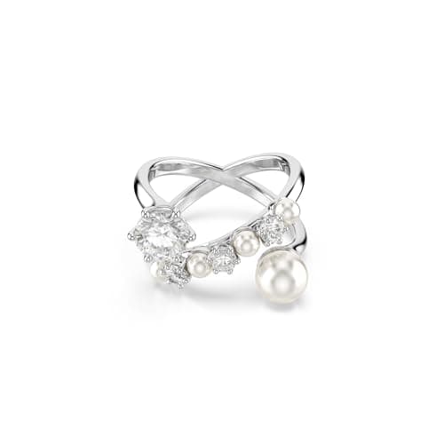 Swarovski Matrix Clear Crystal Pearl Round Cut Rhodium Finish Cocktail Ring for Women Evening Party Accessories