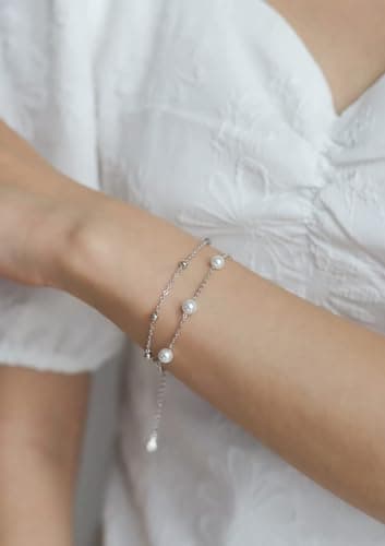 AMINKINA 14K Gold Pearl Bracelet, Double Layer Freshwater Pearl Bracelet, Mother's Day Gift for Mother and Wife, Elegant