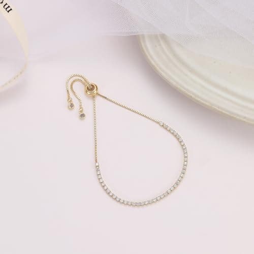 Solandе 14K Gold Plated Tennis Bracelet with Cubic Zirconiastones Adjustable Slider for Women Trendy Jewelry Sets