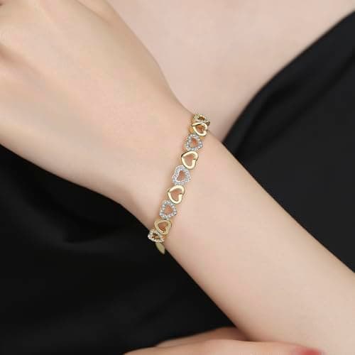 Amy & Annette 14K Gold Plated Hearts Bangle Adjustable Bracelet with Swarovski Crystals for Women
| Amy & Annette 14K G