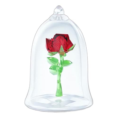 Swarovski Beauty and The Beast Enchanted Rose Red and Green Crystal Pendant, Clear Base Mouth-Blown Glass Bell Jar, Fair