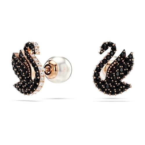 Swarovski Swan Stud Earrings for Women in Rose Gold, Black Pavé Crystals, Pearl Closure, Part of the Swarovski Collectio