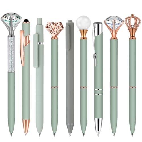 Janmini 9 Pcs Rose Gold Ballpoint Pens Set with Metal Crystal Diamond Design - Women's Fancy Pens for Journaling, Writin