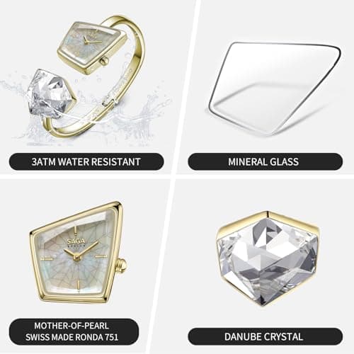SAGA Illusion Women's Luxury Cuff Bangle Watch - Shaped Mineral Case, 316L Stainless Steel Bracelet, Danube Crystals, Sw