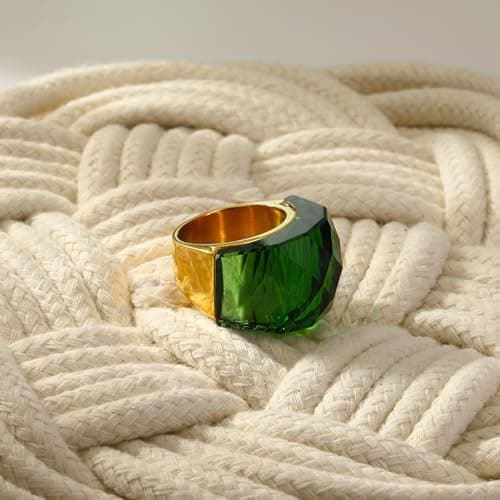 OIDIMS Crystal Glass Stainless Steel Band Ring Gold Plated Large Statement Cubic Zirconia Rings for Women's Birthday Coc