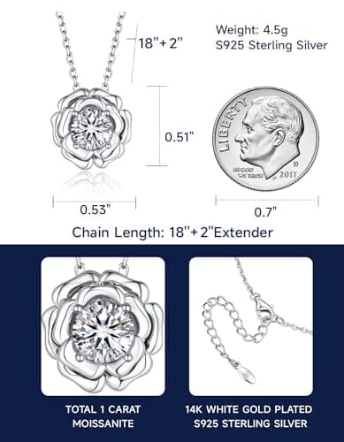 MomentWish 1Carat Moissanite Flower Necklace for Her 925 Sterling Silver Rose Valentine's Day Gift for Wife Recycled Cla