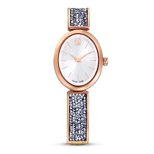 Swarovski Crystal Rock Oval Watch for Women, Rose Gold-Tone Metal Bracelet, Blue Dial, Swiss Made, 36mm Diameter