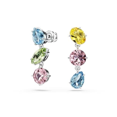 Swarovski Gema Drop Earrings: Asymmetrical Design, Mixed Cuts, Multicolored Rhodium Finished Earrings for Women, Night O