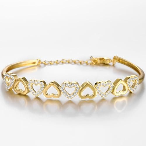 Amy & Annette 14K Gold Plated Hearts Bangle Adjustable Bracelet with Swarovski Crystals for Women
| Amy & Annette 14K G