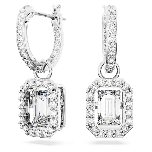 Swarovski Una Drop Earrings for Women, Octagon Shaped, Violet and Clear Crystals, Rhodium Plated, Unmatched Sparkleatric