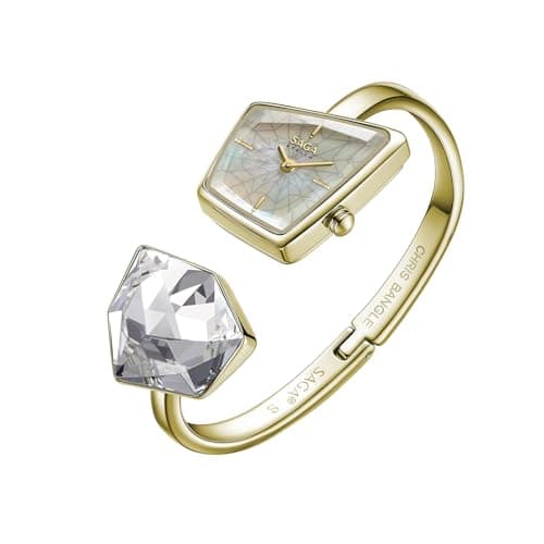 SAGA Illusion Women's Luxury Cuff Bangle Watch - Shaped Mineral Case, 316L Stainless Steel Bracelet, Danube Crystals, Sw