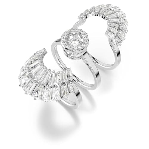 Swarovski Idyllia 3-Piece Ring Set for Women, Mixed Cut Crystals, Shell Motif, Rhodium Finished Metal, Elegant Jewelry G