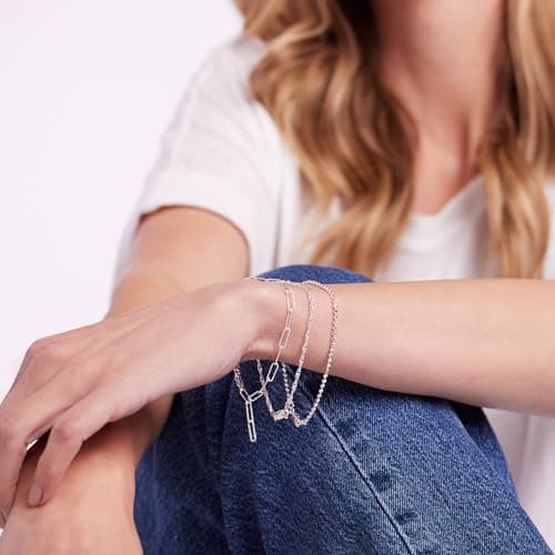 JTV Sterling Silver Bracelet Set of 3 for Women - Dainty and Stackable Silver Bracelets - Silver Bracelet Stack - Diamon