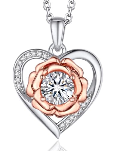 MomentWish 1Carat Moissanite Flower Necklace for Her 925 Sterling Silver Rose Valentine's Day Gift for Wife Recycled Cla