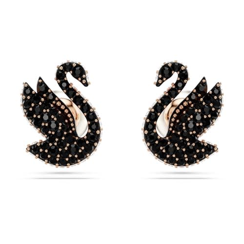 Swarovski Swan Stud Earrings for Women in Rose Gold, Black Pavé Crystals, Pearl Closure, Part of the Swarovski Collectio