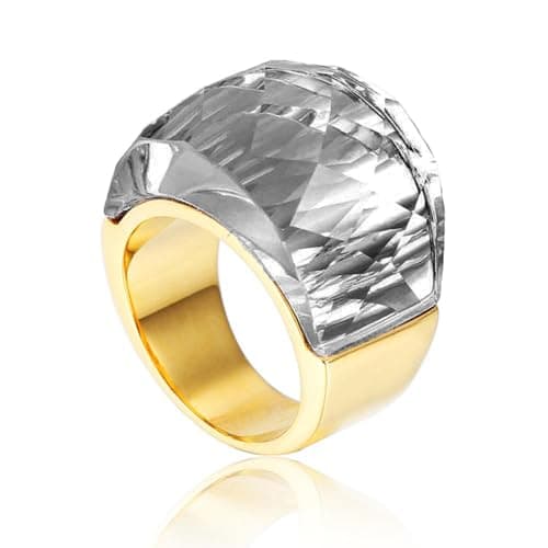 OIDIMS Crystal Glass Stainless Steel Band Ring Gold Plated Large Statement Cubic Zirconia Rings for Women's Birthday Coc