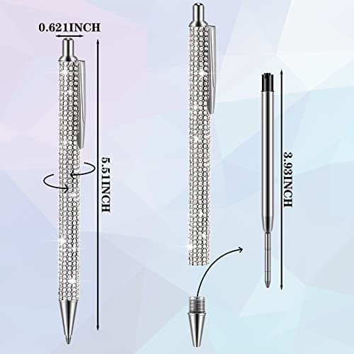 Ireer Silver Bling Rhinestone Sparkly Pens for Women Diamond Ink Crystal Glitter Metal Ballpoint Fancy Pens 4 Pcs 1.0mm