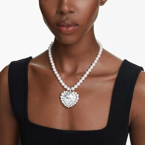 Swarovski Ariana Grande Crystal and Pearl Necklace for Women - Fashion Jewelry - Rhodium Finish - 18 inch Necklace - Hal