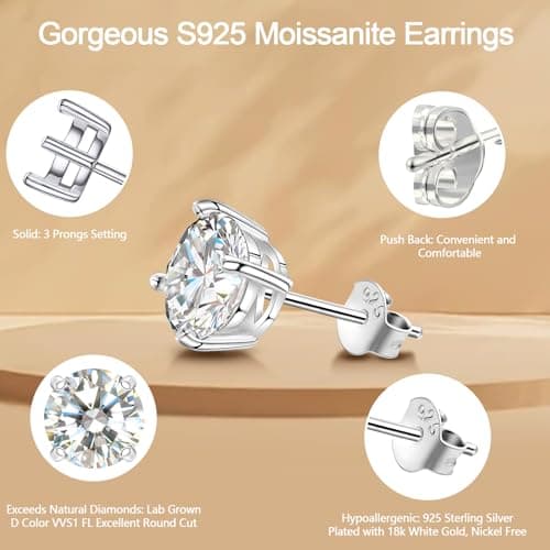 Saintda Moissanite Stud Earrings for Women Lab Created Diamond Solitaire Gold Vermeil Jewelry Gift