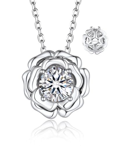 MomentWish 1Carat Moissanite Flower Necklace for Her 925 Sterling Silver Rose Valentine's Day Gift for Wife Recycled Cla