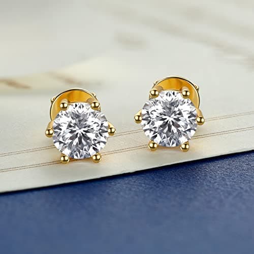 MomentWish 14K Gold Plated Stud Earrings for Women, 1-2 Carat Moissanite, Yellow/Rose Gold Plated 925 Sterling Silver Bi