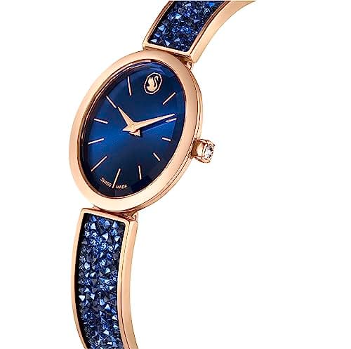 Swarovski Crystal Rock Oval Watch for Women, Rose Gold-Tone Metal Bracelet, Blue Dial, Swiss Made, 36mm Diameter