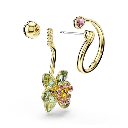 Swarovski Idyllia Drop Earrings for Women - Asymmetrical Design, Mixed Cuts, Flower Motif, Multicolored, Gold-Tone Fini